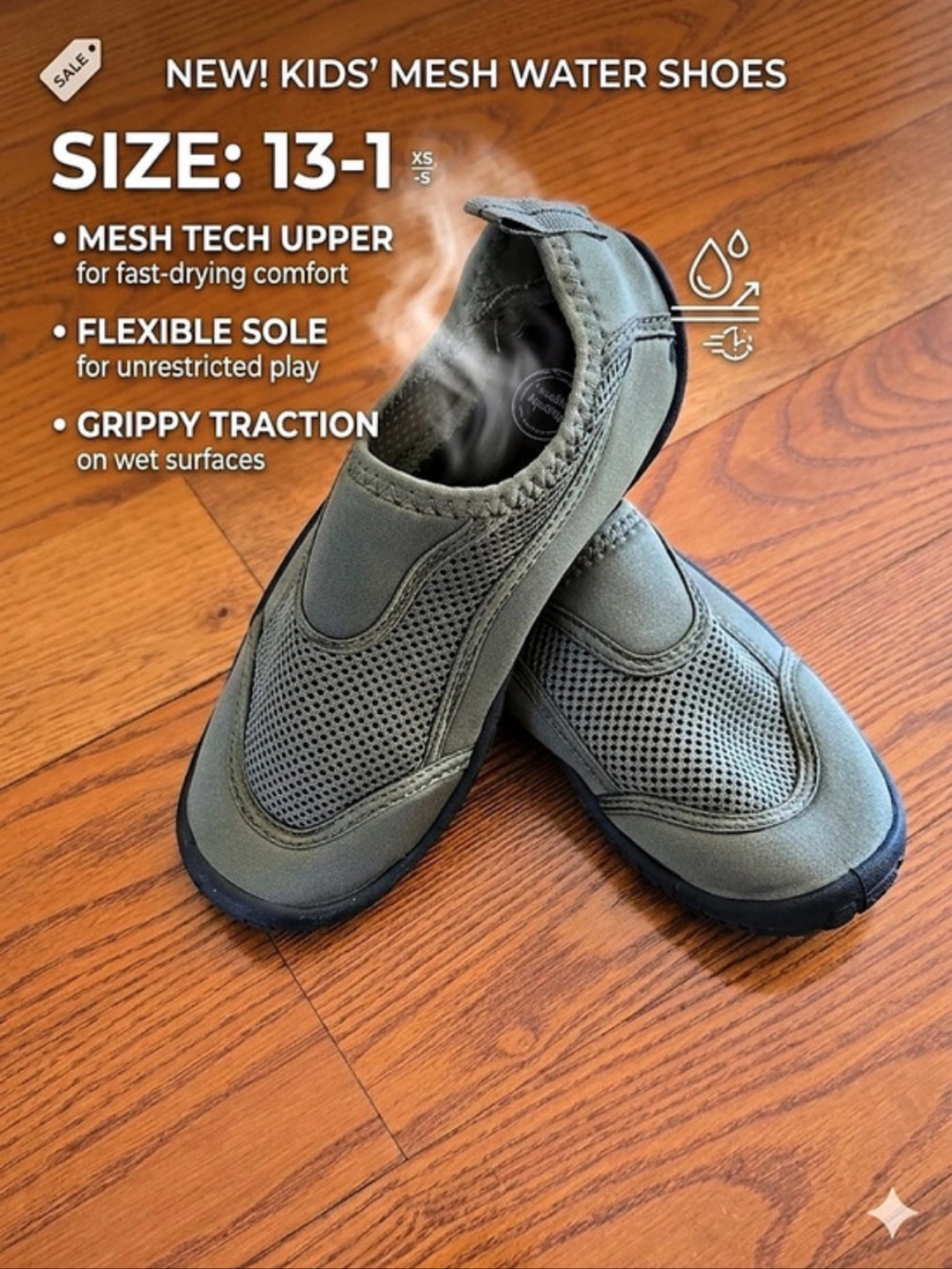 Wonder Nation Kids Mesh Water Shoes Green & Black Boys US 13-1